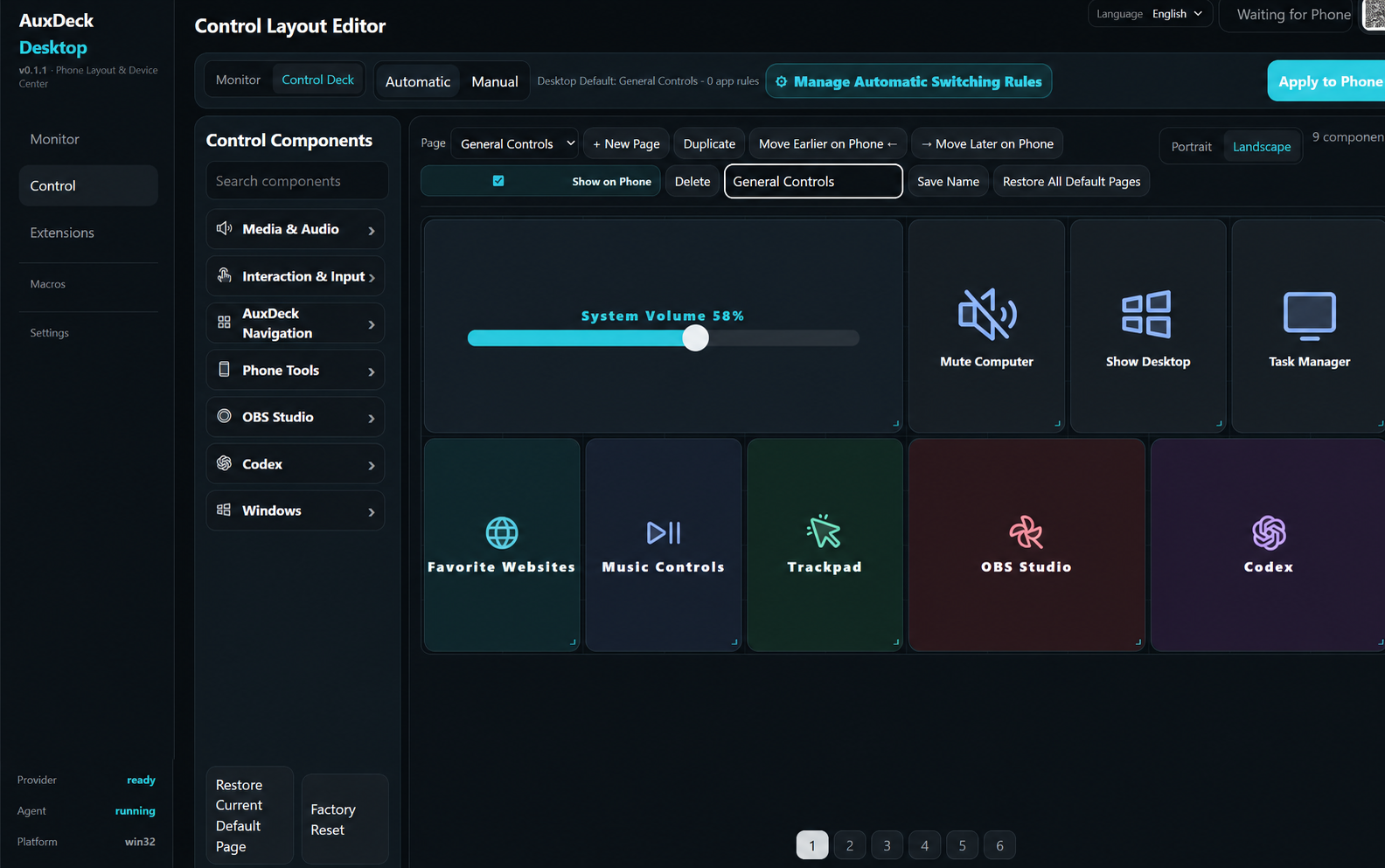 AuxDeck Desktop control editor in English